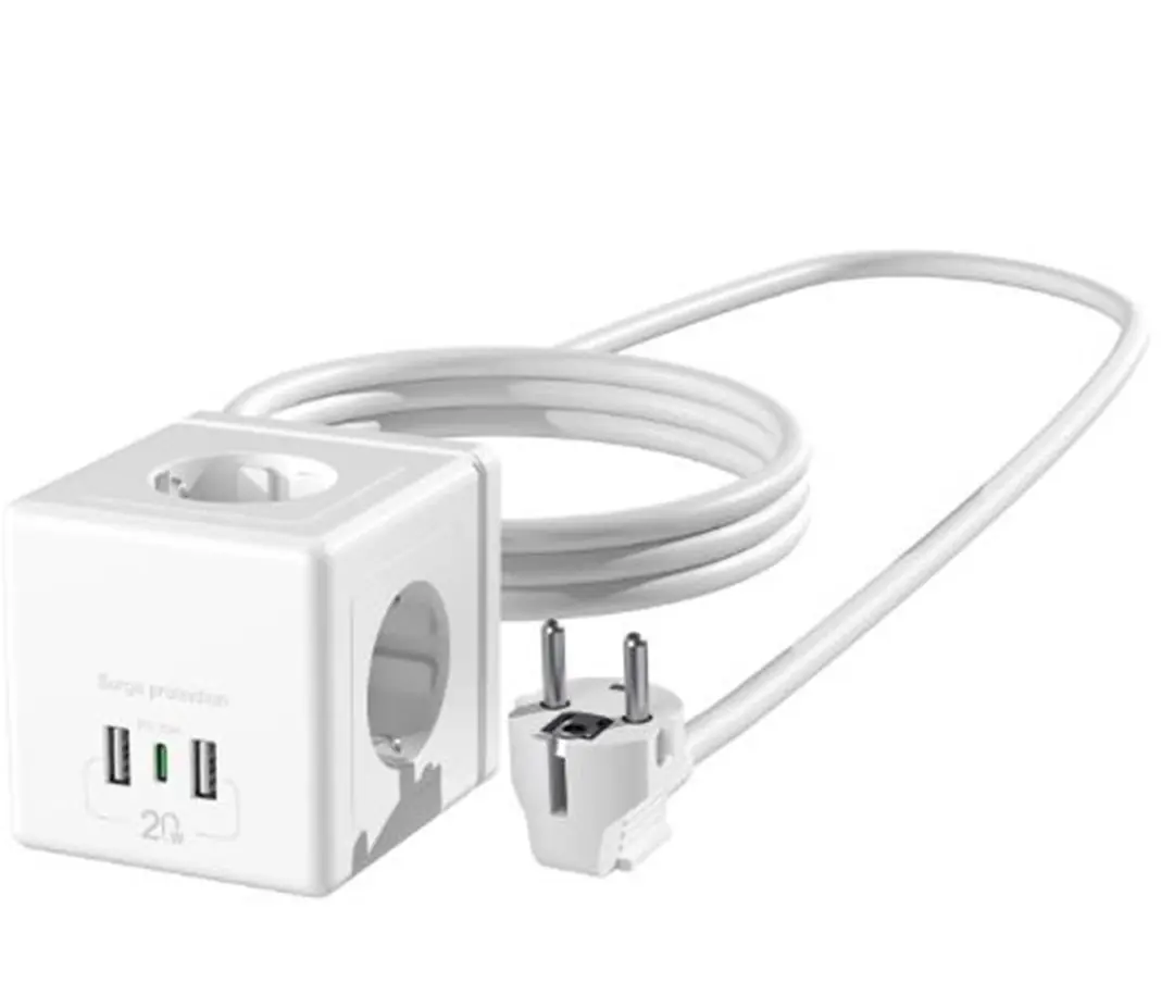 S-link PRZ04 4 Soketli 2 USB 1 Type-C PD20 2M 306 Joule Tam Bakır Küp Beyaz Akım Korumalı Priz