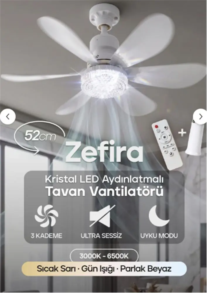 Feny Fn-F82 Zefira 3 Kademe Ultra Sessiz Uyku Mod 3000k-6500K Kristal Led Tavan Vantilatörü Kumanda
