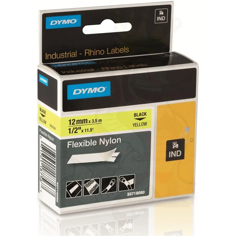 Dymo RhinoPRO Esnek Naylon 12mmx3,5m Sarı-Siyah 1