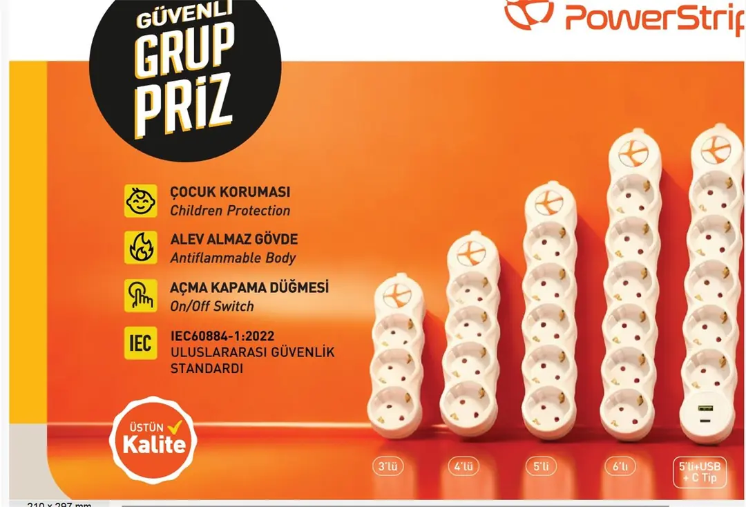 TUNCMATIK POWERSTRIP5 TSK19062 3m IEC 66884-1:2022 Standartı, FR(Alev Almaz)anahtarlı grup priz