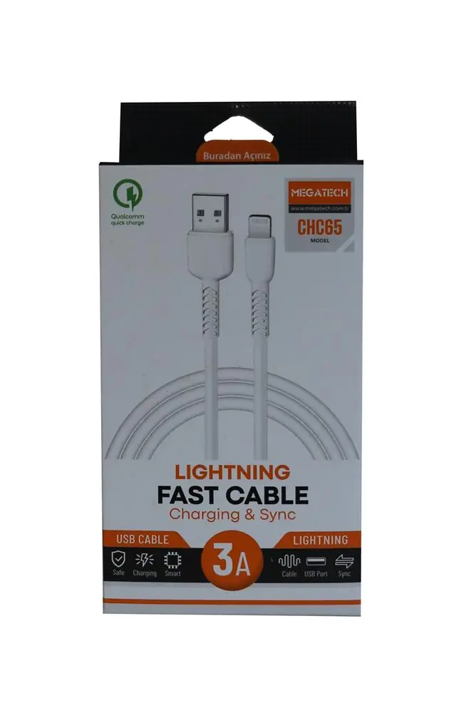 Megatech CHC65 3.0A 1mt Lightning Beyaz Şarj Kablosu 1