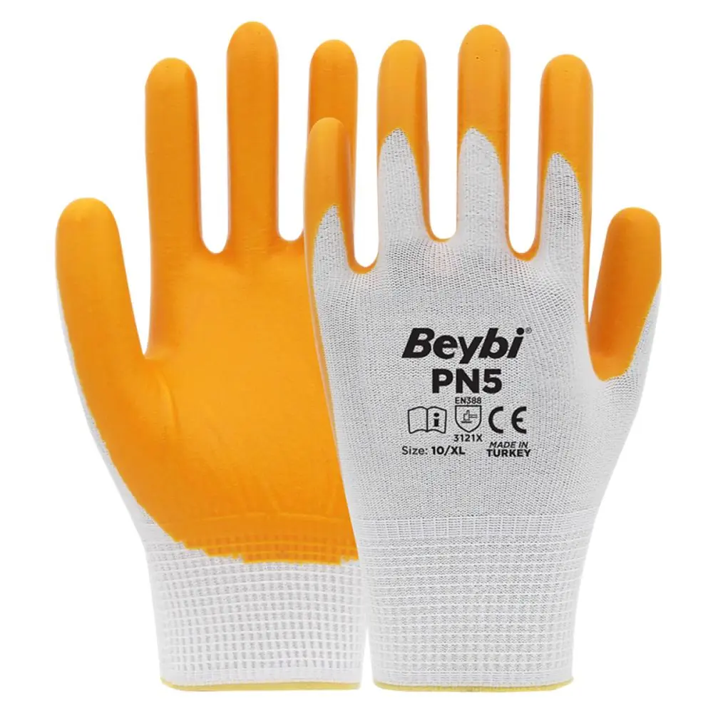 Beybi Nitril PMK PN5 Beyaz Sarı Örme Polyoster Nitril 10 Beden 12li Paket EN388 (3121X) 1