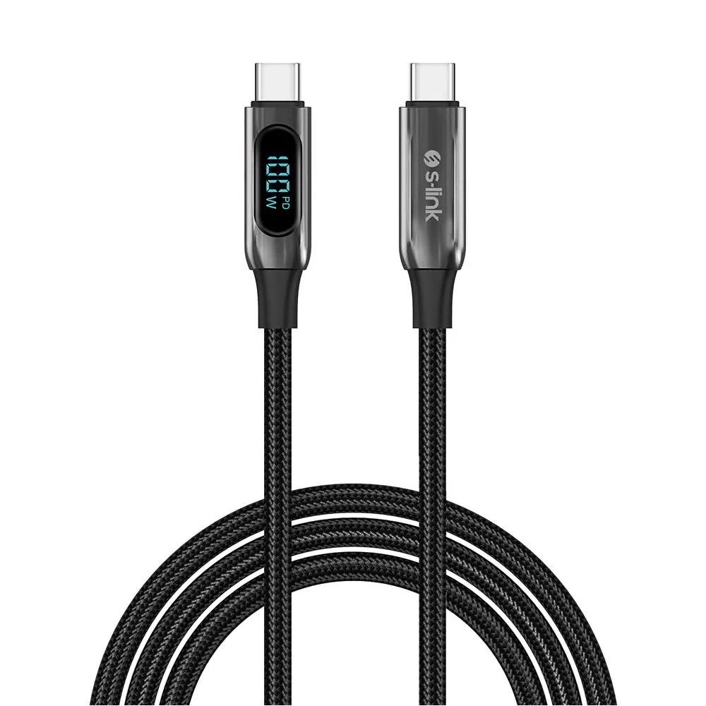 S-link Armor LED LCC-0100 100W 1m Type-C to Type-C PD Örgülü LED Başlıklı Siyah Hızlı Şarj Kablosu 1