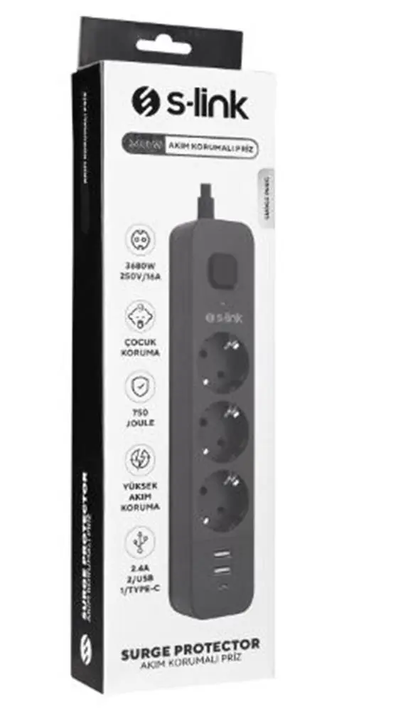 S-link SPG03U  5V2.4A 1.5m 3x1.00mm 100 yüzde  Bakır 750 Joule 3 lü Anahtarlı Akım Korumalı Siyah Priz