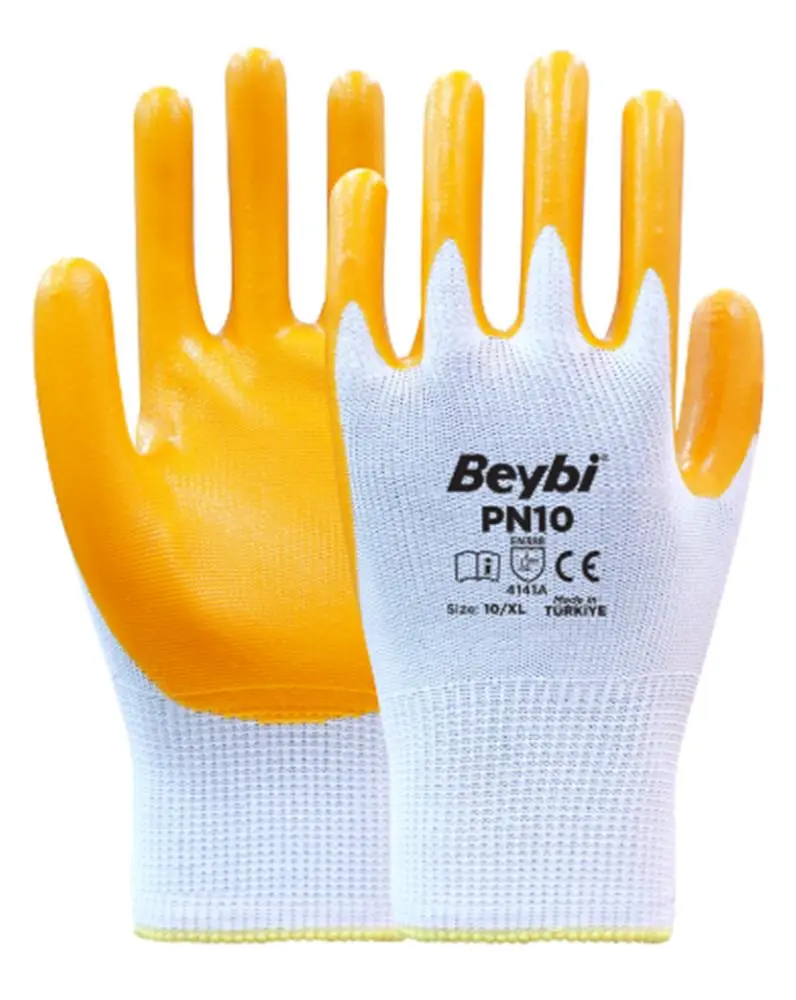 Beybi Nitril PMK PN10 9 Beden 12li Paket Polyester Örme Nitril Eldiven (4141A) Nitril 1-2 Kaplama 1