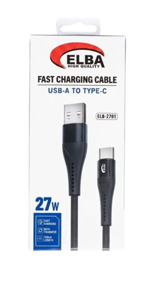 Elba ELB-2701 27w Usb-a To Type-c 1mt Siyah Örgülü Şarj Kablosu 480Mps Hızlı Şarj 1