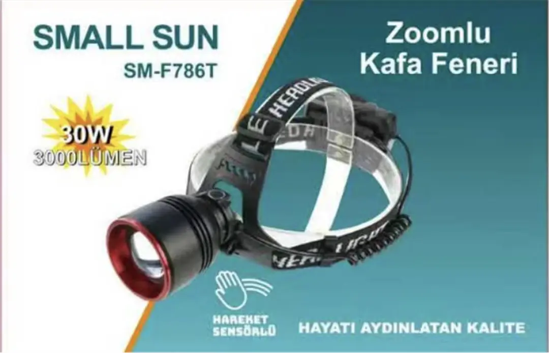 Small Sun SM-F786T Kafa Fener 30w 3000 lumen Hareket Sensörlü Zoomlu Şarjlı 3x18650 Lityum pil