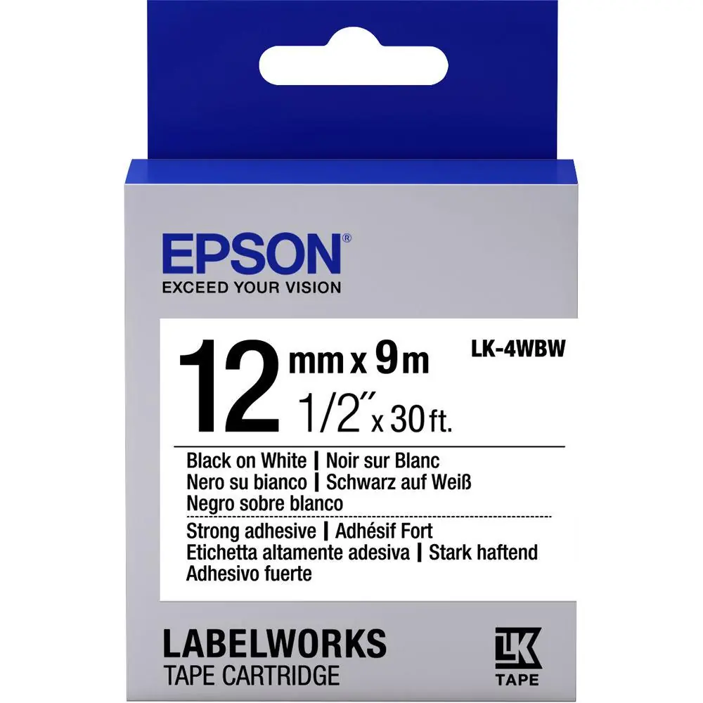 Epson LK-4WBW Güçlü Yapışkanlı Beyaz Üzeri Siyah 12mm 9Metre Etiket 1