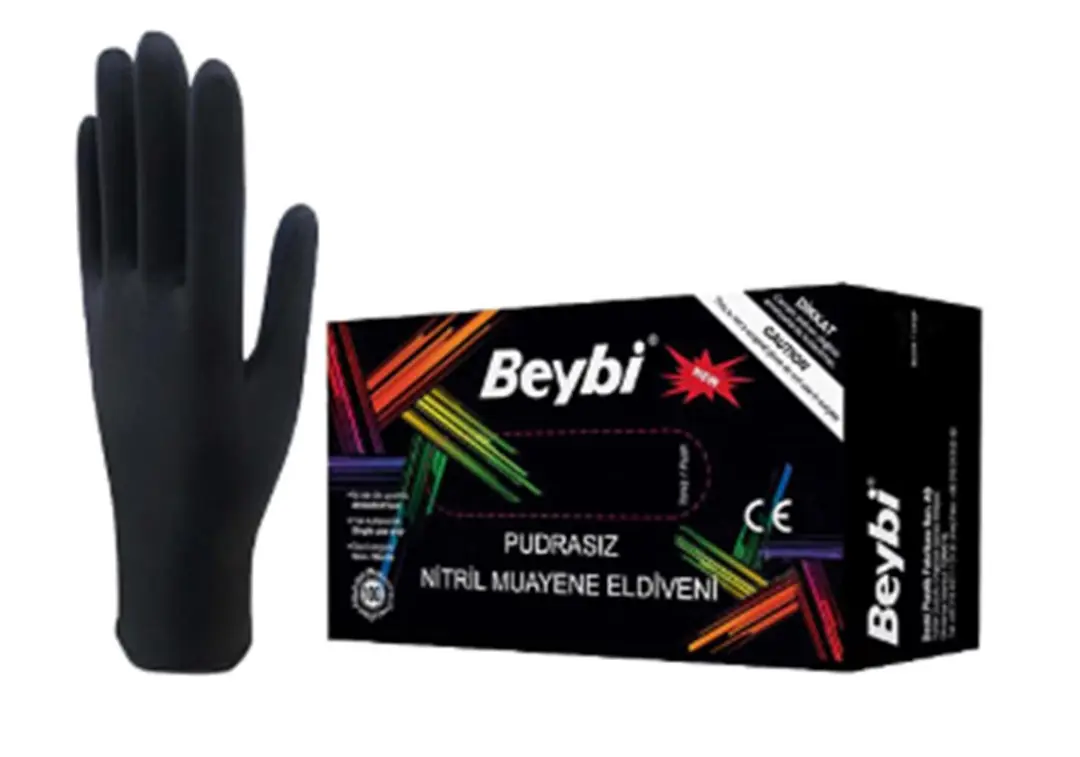 Beybi Muayene Large L Beden  Pudrasız  Nitril Siyah Eldiven 100lü