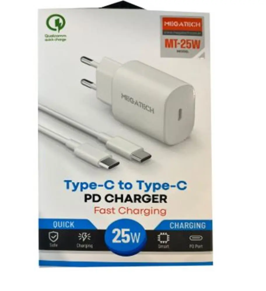 Megatech Mt-25w QC:3.0 PD:3.0 Ev Şarj Kafa+ Type-C To Type-C Şarj Kafası Hızlı Şarj 1