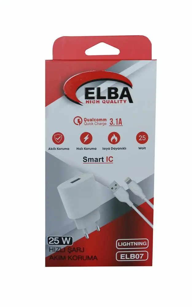 Elba ELB07-USB-25WIOS Beyaz 25W Usb Ev Şarj Kafa+ Usb 1mt Lightning Kablo QC4.0 Hızlı Şarj 1
