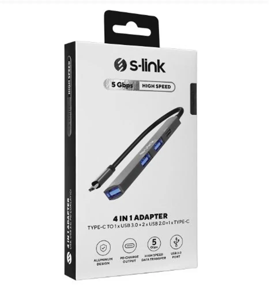 S-link SWV-USBC023 4 in 1 Gri Metal TypeC to 2-USB2.0 USB 3.0, PD Type C Adaptör 1