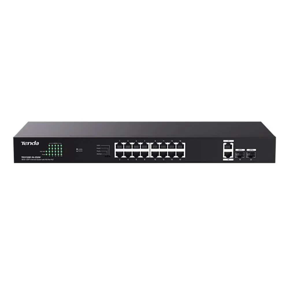 Tenda TEG1120P-16-250W 16 Port Poe+ 10-100-1000 2 Port Uplink +  2 Port SFP Switch Çelik Kasa 1