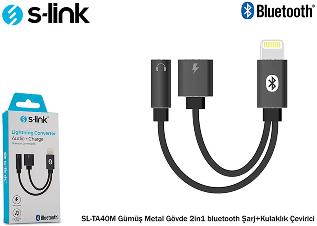 S-link SL-TA40M Lightning Gri Metal 2in1 bluetooth Şarj+Kulaklık Çevirici 1