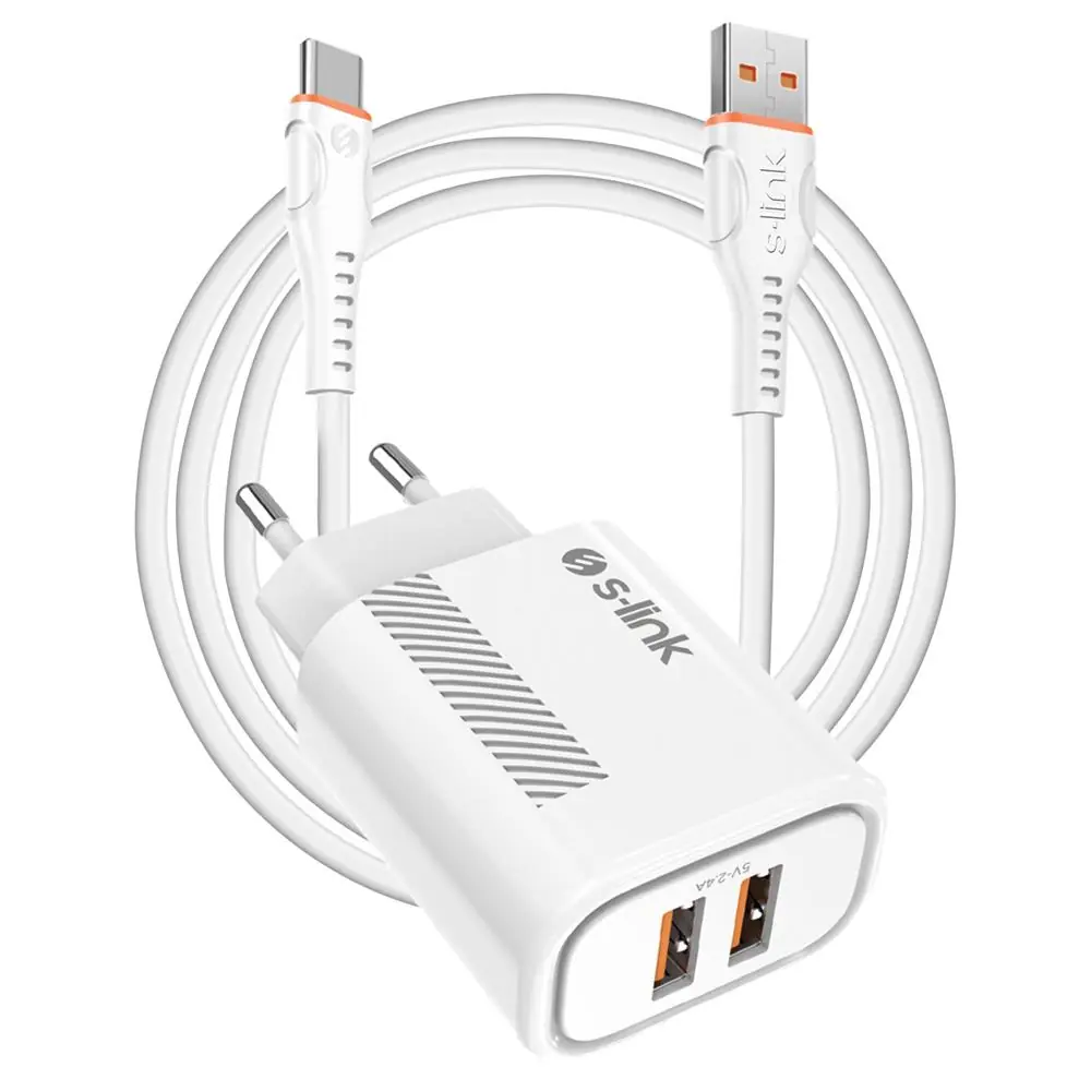 S-link SL-EC50 (SL-EC50T) 5V 2400MA Type-C Kablolu 2 USB Çıkışlı Beyaz Ev Şarj Adaptörü 1