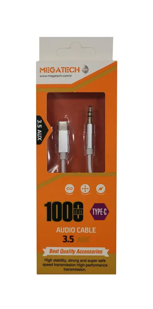 Megatech JH-030 1Mt Aux Kablo Çelik TYPE-C 3.5AUX  (kutulu) 1