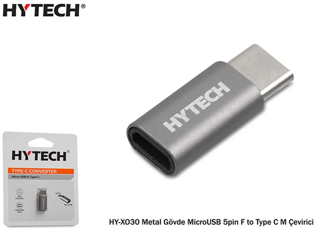 Hytech HY-XO30 Gümüş Metal Gövde MicroUSB 5pin F to Type C M Çevirici 1