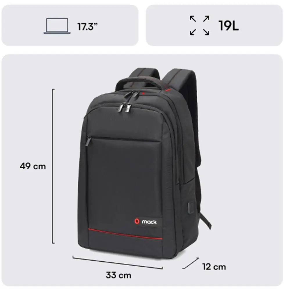 Mack MCC-007 17.3" Office USB Girişli Notebook Sırt Çantası Siyah (Dahili USB Şarj Portu) 1