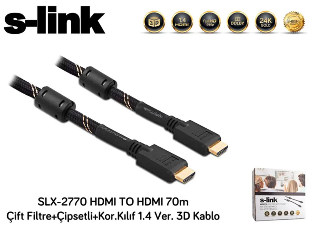 S-link SLX-2770 HDMI TO HDMI 70m Çift Filtre+Çipsetli+Kor.Kılıf 1.4 Ver. 3D Kablo 1