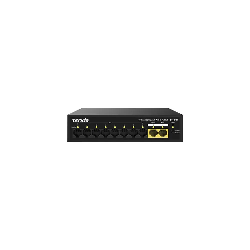 Tenda S110PC 10 Port 8 Port Poe+ 10-100 Mbps + 2 Port Uplink Switch Çelik Kasa Rack Mount 1