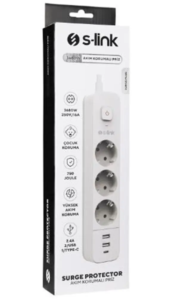S-link SPG03TC 5V2.4A 1.5m 3x1.00mm 100 yüzde  Bakır 750 Joule 3 lü Anahtarlı Akım Korumalı Beyaz Priz