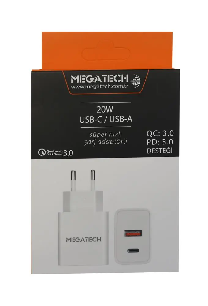 Megatech 20w Beyaz USB-C USB-A  Şarj Kafa QC:3.0-PD:3.0 1