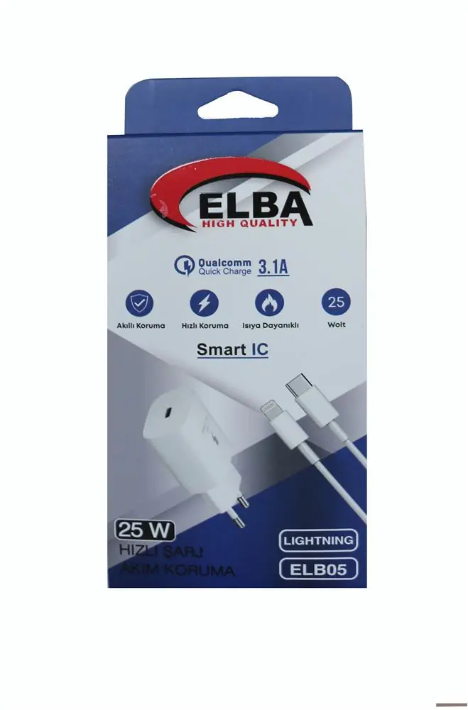 Elba ELB05-PD-25WIOS Beyaz 25W Usb-c Ev Şarj Kafa+1mt Type-c To Lightnıng Kablo PD3.0-QC4.0 Hızlı Ş 1