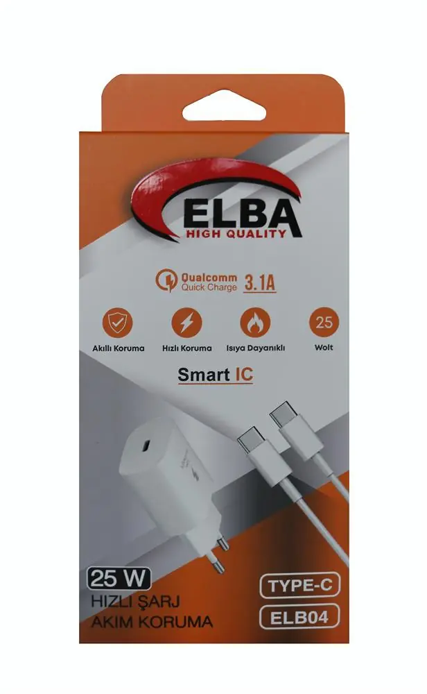 Elba ELB04-PD-25WTypc Beyaz 25W Typc-e Ev Şarj Kafa+1mt Type-c To Type-c Kablo Hızlı Şarj