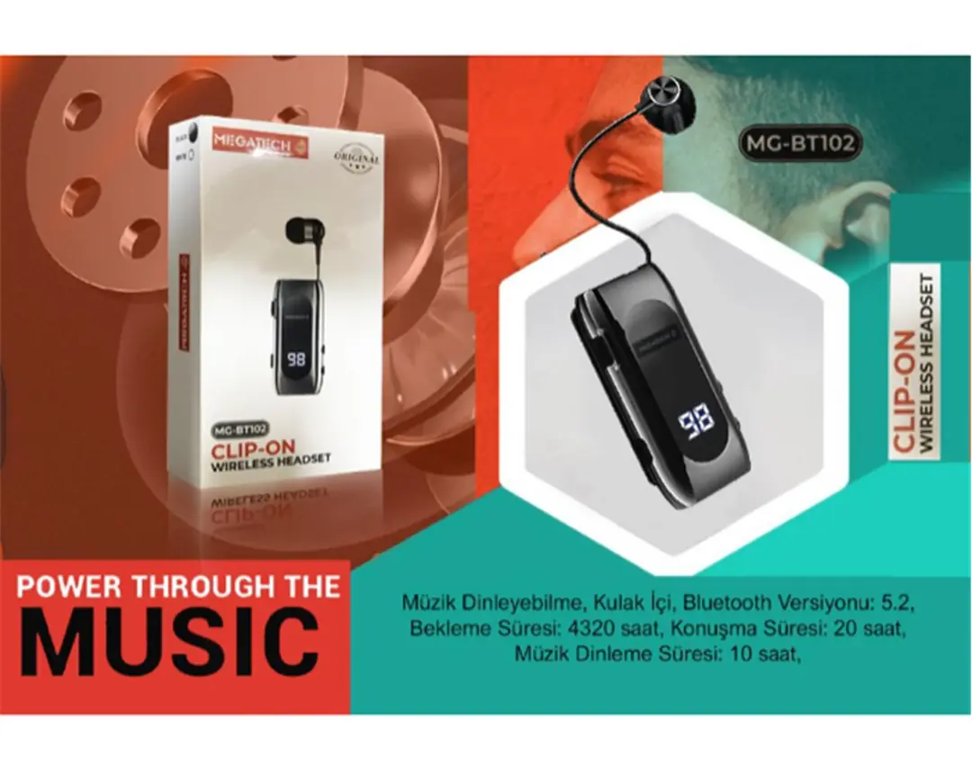 Megatech Mg-Bt102 Clıp-On Makaralı Digital Göstergeli Bluetooth Kablosuz Kulaklık 1
