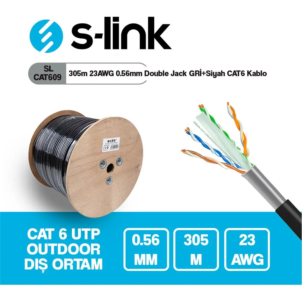 S-link SL-CAT609 305m 23AWG 0.56mm CCA Double Jack GRİ+Siyah Dış Mekan 1