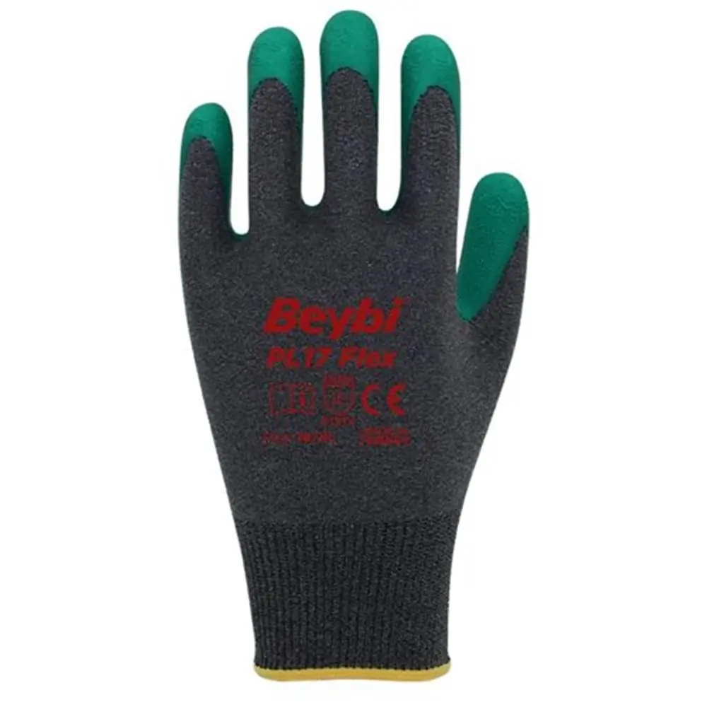 BEYBİ PL-17 Flex 10 Beden Gri-Yeşil Polyesyter Likralı İpten Örülmüş Lateks Kaplı 12li Paket (3131X)