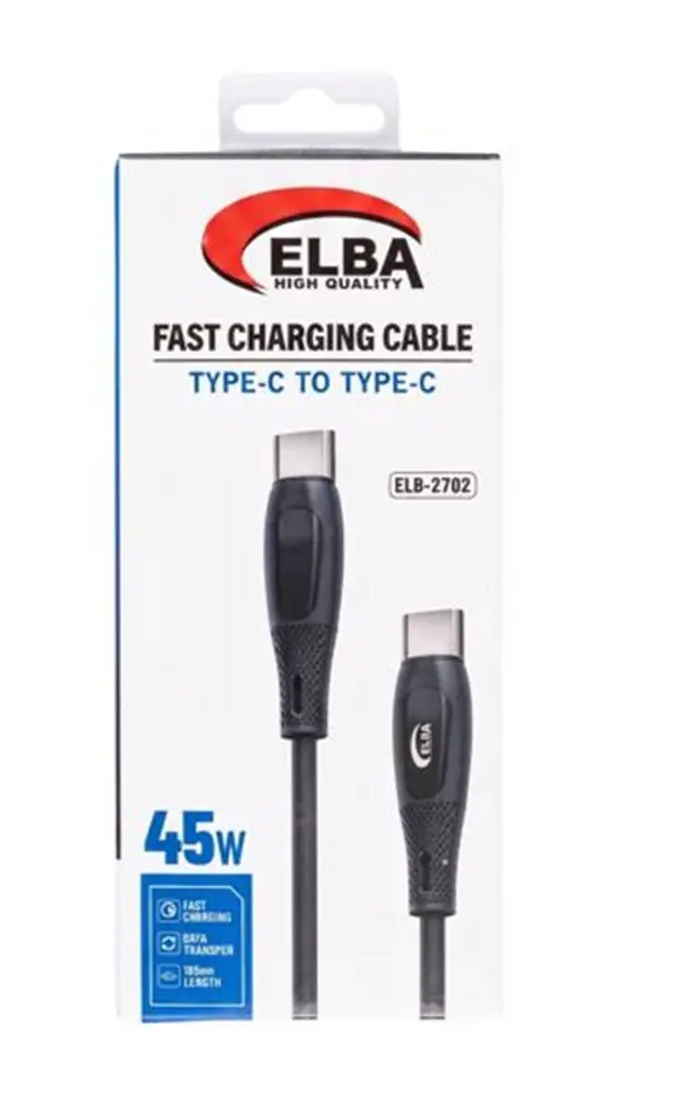 Elba ELB-2702 45w Type-c To Type-c 1mt Siyah Silikon Şarj Kablosu 480Mps  Hızlı Şarj 1