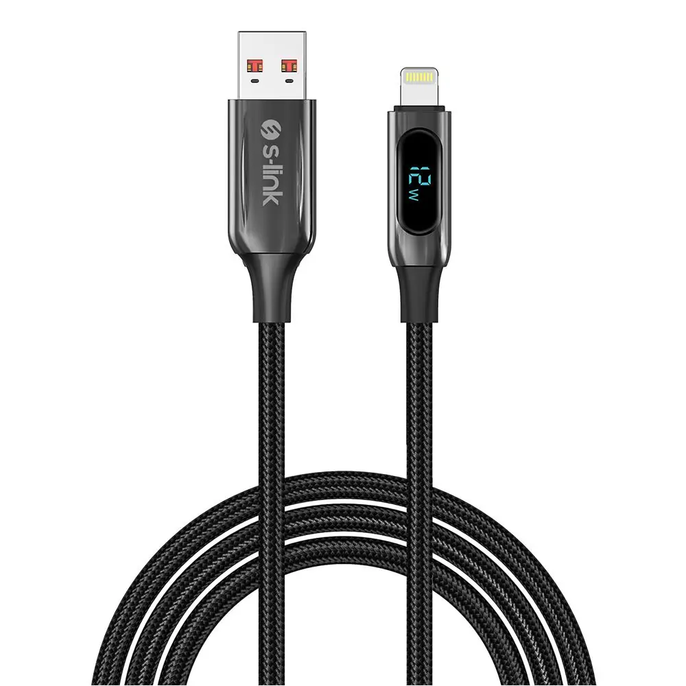 S-link Armor LED UL-012 12W 1m USB to Lightning PD Örgülü LED Başlıklı Siyah Hızlı Şarj Kablosu 1