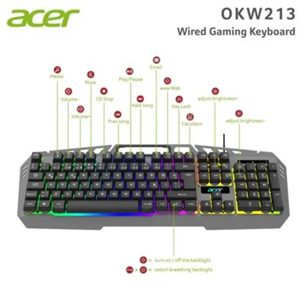 Acer OKW213 Gri RGB Rainbow Backlit Gaming Keyboard Rainbow (Kablo Uzunluğu 1,5mt)