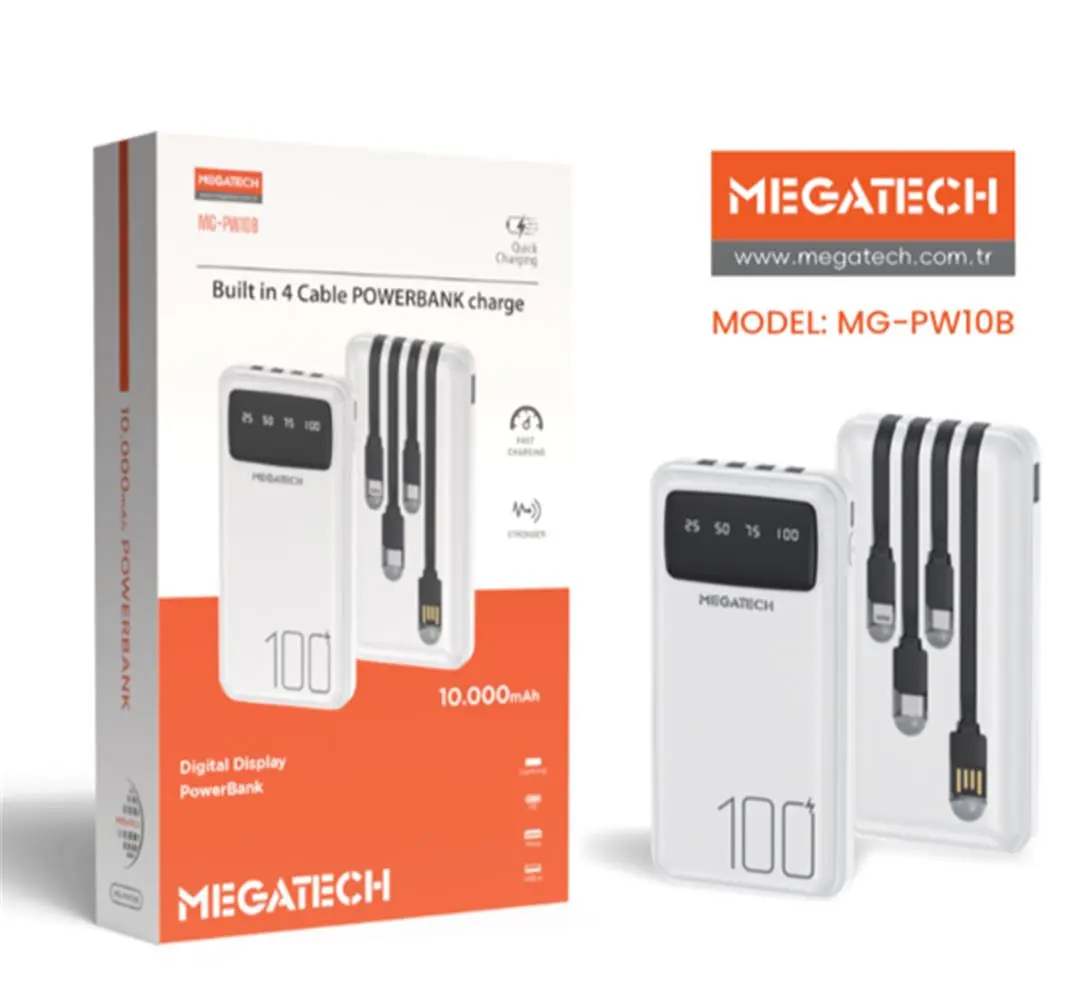 Megatech MG-PW10B 10.000 Mah Beyaz Powerbank Digital Gösterge