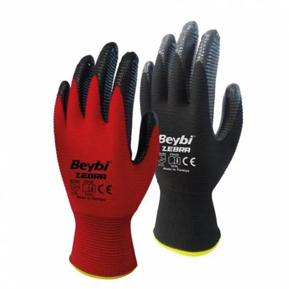 Beybi Nitril Poly Pnzebra 10 Beden Kırmızı Siyah Eldiven 12li Paket EN388 (3131X) 1