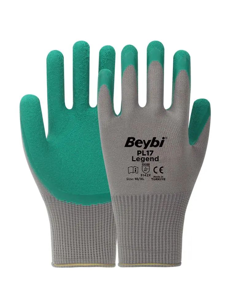 BEYBİ PL-17 10 Beden Gri-Yeşil 12li Paket Legend Polyester Örme Lateks Eldiven