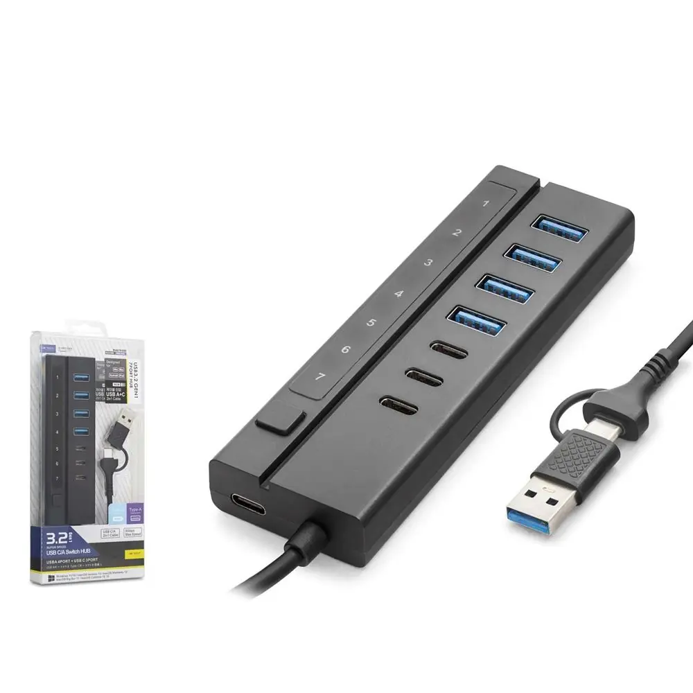 Hadron HDX7062 7 Port Usb Hub 5Gbps 4x Usb-A 3.2 + 3x Usb-C 3.2 7 Port 2in1 Kablolu Çoklayıcı Siyah 1