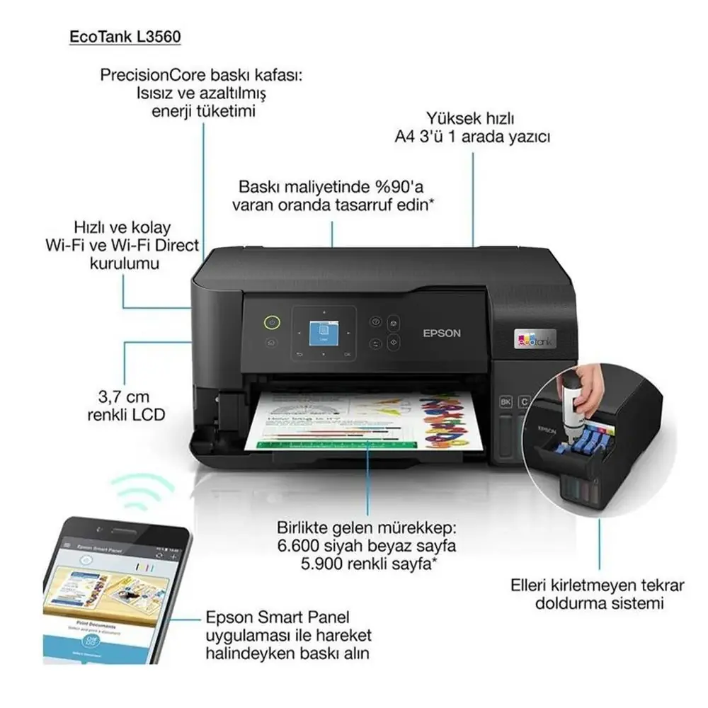Epson L3560 MEAF Yazıcı-Tarayıcı-Fotokopi Renkli Mürekkep Tanklı Yazıcı WI-FI Ekranlı