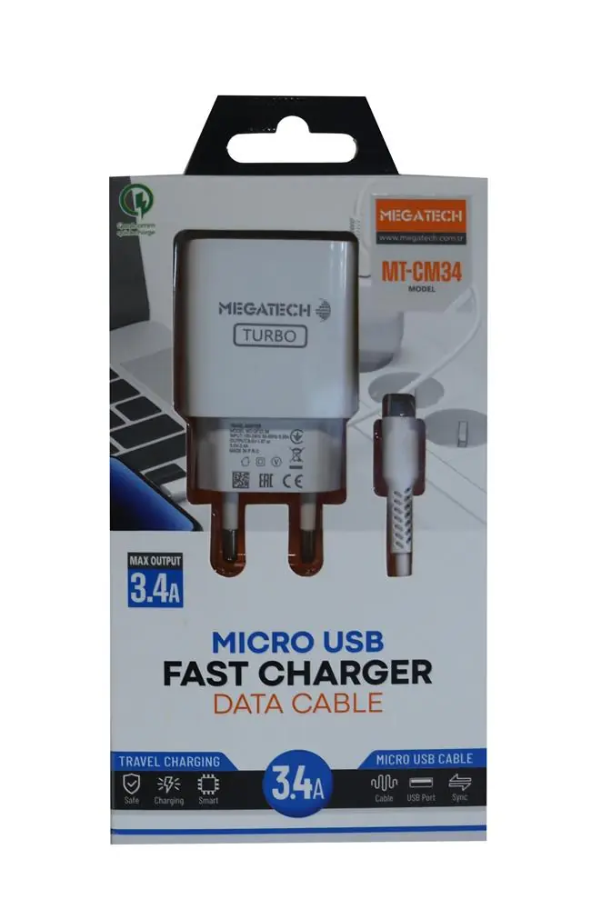 Megatech MT-CM34  3.4A Micro Usb Kablo+ Ev Şarj Adaptörü Hızlı Şarj 1