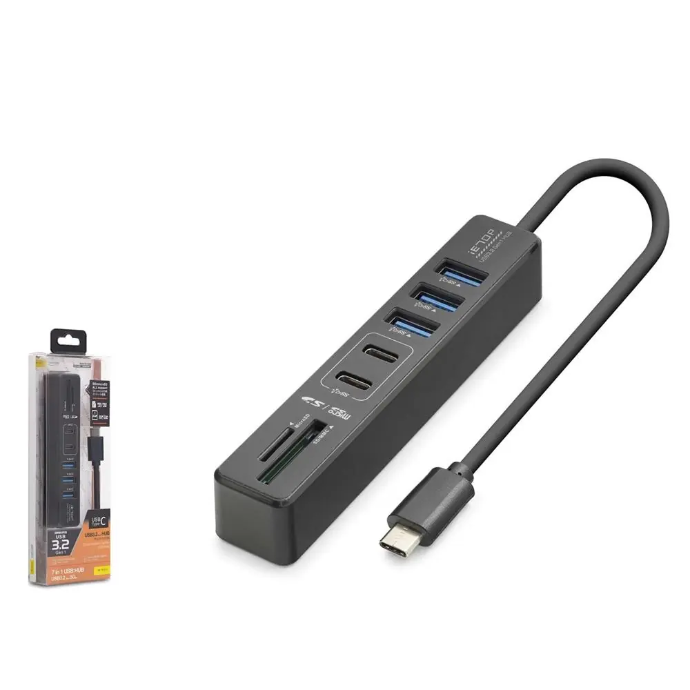 Hadron HDX7061 İetop Type-C Hub 5Gbps 2x Usb-C 3.2+3x Usb-A 3.2+SD+microSD 7 Port Kart Okuyucu Siyah 1