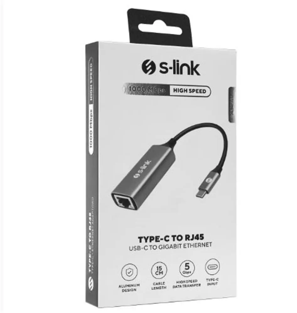 S-link SW-U336 Gri Metal Type-C to RJ45 10-100-1000Mbps Gigabit Adaptör 1