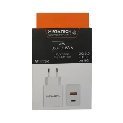 Megatech 20w Beyaz USB-C USB-A  Şarj Kafa QC:3.0-PD:3.0 