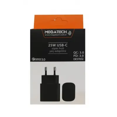 Megatech 25w Siyah USB-C  Şarj Kafa QC:3.0-PD:3.0 