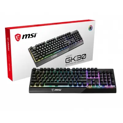 MSI GG VIGOR GK30 TR GAMING KEYBOARD MEKANIK HISLI 6 BOLGE RGB LED AYDINLATMA SIVI DOKULMESINE DAYANIKLI OYUNCU KLAVYESI TURKCE Q