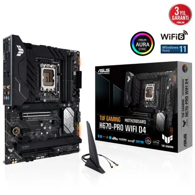 ASUS TUF GAMING H670-PRO WIFI D4 INTEL H670 LGA1700 DDR4 5333 DP HDMI 4X M2 USB3.2 AX WİFİ + BT AURA RGB 2.5GBİT LAN ATX PCIE5.0 128GB’A KADAR RAM DESTEĞİ ASUS 5X TUF PROTECTION III