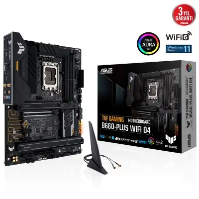 ASUS TUF GAMING B660-PLUS WIFI D4 INTEL B660 LGA1700 DDR4 5333 DP HDMI 3X M2 USB3.2 AX WİFİ + BT AURA RGB 2.5GBİT LAN ATX 128GB’A KADAR RAM DESTEĞİ ASUS 5X TUF PROTECTION III