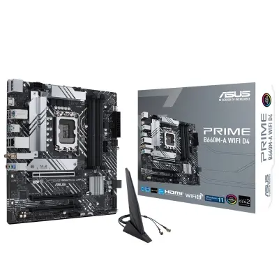 ASUS PRIME B660M-A WIFI D4 INTEL B660 LGA1700 DDR4 5333 DP HDMI ÇİFT M2 USB3.2 AX WİFİ + BT AURA RGB MATX 128GB’A KADAR RAM DESTEĞİ ASUS 5X PROTECTION III