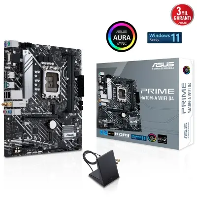 ASUS PRIME H610M-A WIFI D4 Intel H610 LGA1700 DDR4 3200 DP HDMI VGA Çift M2 USB3.2 AURA RGB mATX ASUS 5X PROTECTION III Armoury Crate AI Suite 3