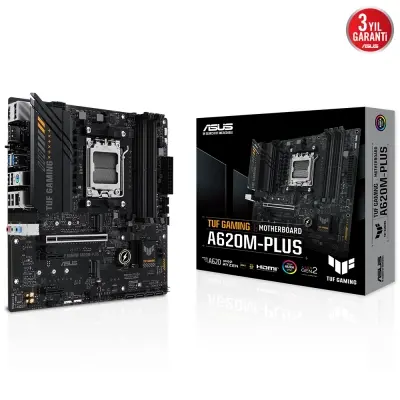 ASUS TUF GAMING A620M-PLUS AMD A620 AM5 DDR5 6400 2xDP HDMI Çift M2 USB3.2 AURA RGB 2.5Gbit LAN mATX ASUS TUF PROTECTION